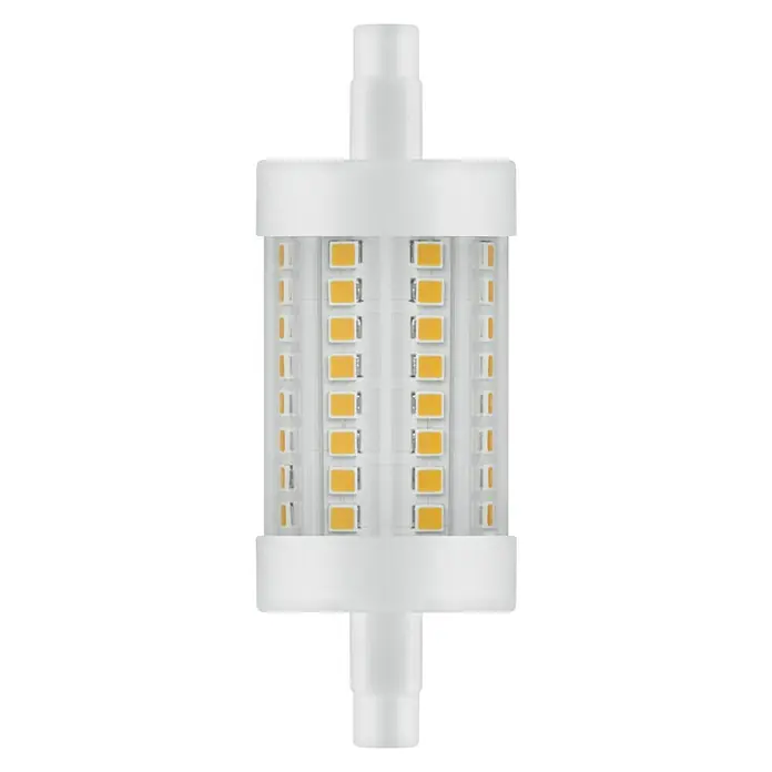 Voltolux Bombilla LED - R7s, No regulable, 806 lm, 7 W - Primer plano de una bombilla LED de maíz blanca con chips rectangulares amarillos, perfecta para soluciones de iluminación brillantes.