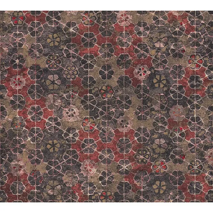 A.S. Création New Walls Vliestapete Mosaik - Rot, Fliesenoptik, 10,05 x 0,53 m - Abstraktes Stoffmuster mit stilisierten Blumen in Rot, Braun und Schwarz für kreative Designprojekte.