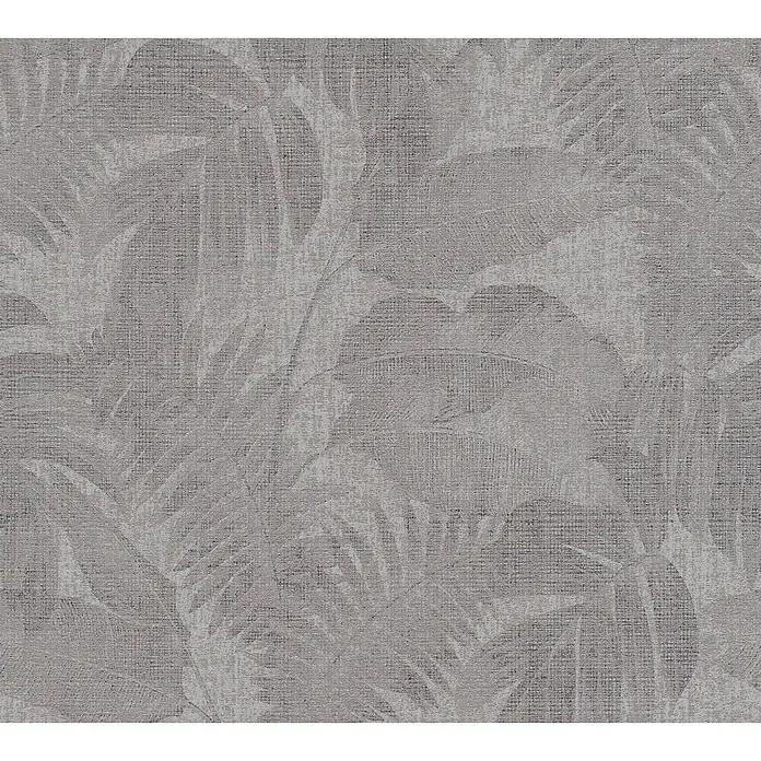 A.S. Création New Walls Vliestapete Dschungel - Taupe, Floral, 10,05 x 0,53 m - Nahaufnahme einer Tapete mit einem stilisierten Blättermuster in Grautönen, die eine elegante und beruhigende Atmosphäre schafft.