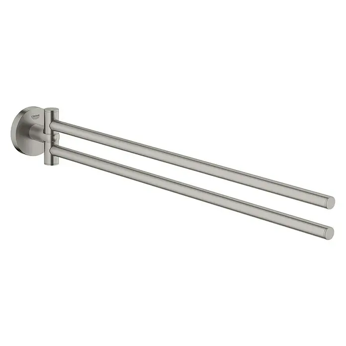 Grohe Essentials Handtuchhalter - 2-armig, Supersteel, Glänzend - Doppelter Handtuchhalter zur Wandmontage. Der Handtuchhalter ist aus Metall und hat eine gebürstete Oberfläche.