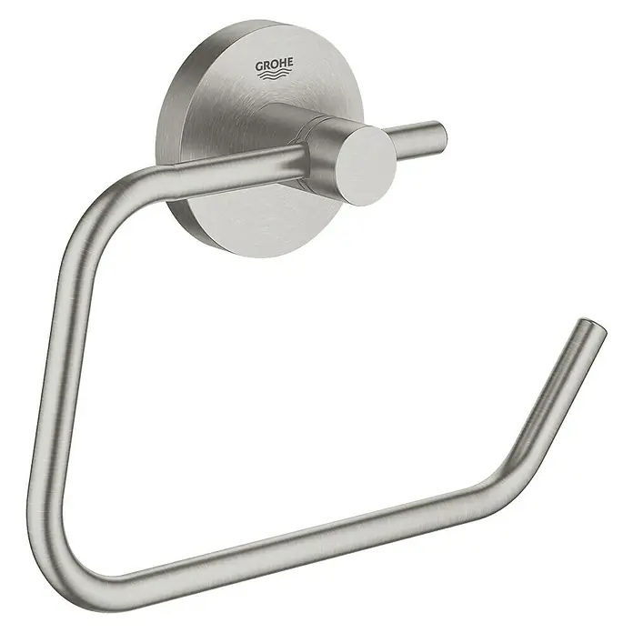 Grohe Essentials Toilettenpapierhalter - Ohne Deckel, Supersteel, Glänzend - Silberner Grohe Essentials Toilettenpapierhalter mit gebogener Halterung und runder Wandhalterung vor schwarzem Hintergrund.