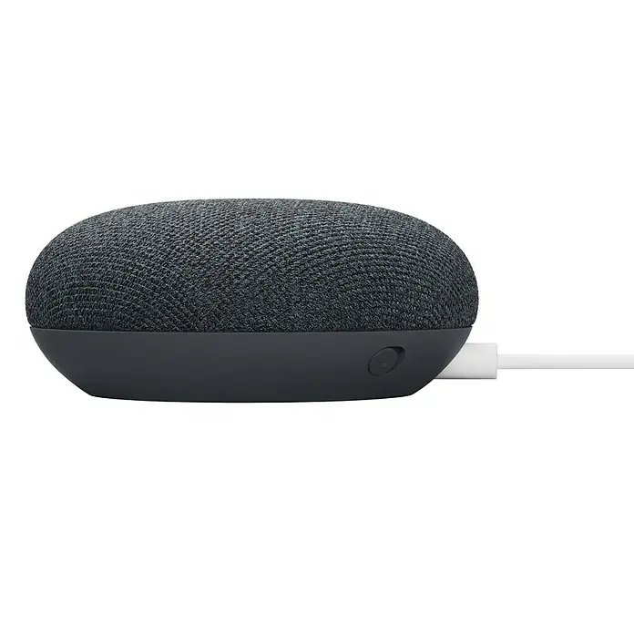 Google Nest Sprachgesteuerter Lautsprecher Mini - Carbon, Netzbetrieben, Kabellänge: 1,5 m - Das Bild zeigt einen Google Nest Mini Smart Speaker in Anthrazit mit einem weißen Stromkabel, aufgenommen in einer Nahaufnahme.
