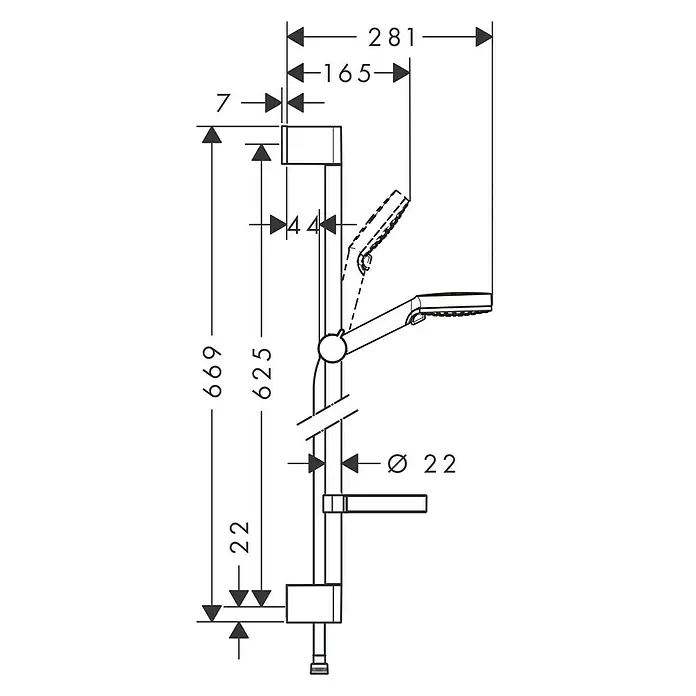 Hansgrohe Crometta Brausegarnitur Vario - Lochabstand: 62,5 cm, Art Strahl: Rain, IntenseRain, Chrom/Weiß - Technische Zeichnung des Hansgrohe Crometta 85 Vario/Unica'16 Brausestangensets mit genauen Maßangaben für die Installation.