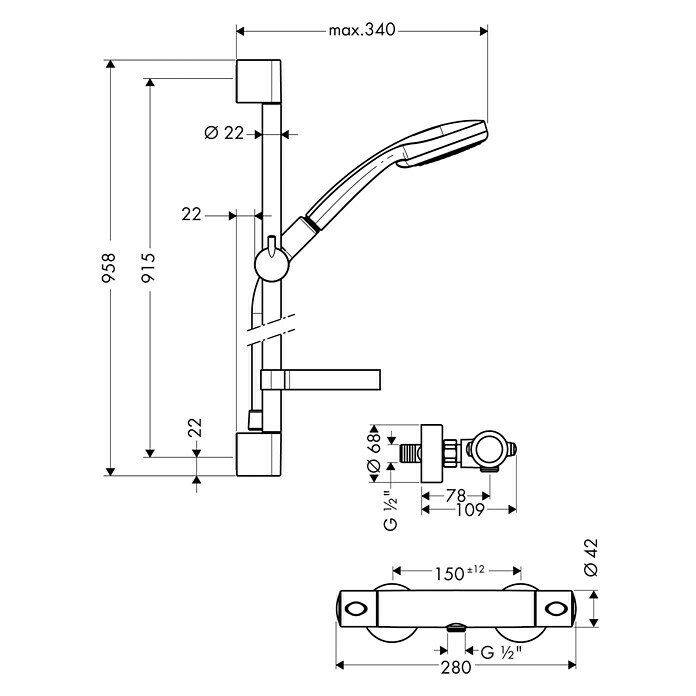 Hansgrohe Brause-Set Croma 100 Multi/Ecostat Comfort (Mit Thermostatarmatur, Lochabstand: 62,5 cm, Anzahl Funktionen: 3, Chrom)