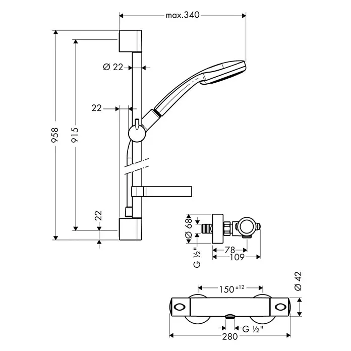 Hansgrohe Brause-Set Croma 100 Multi/Ecostat Comfort - Lochabstand: 62,5 cm, Chrom - Technische Zeichnung einer Duschstange mit Handbrause, Maße und Details für die Installation.
