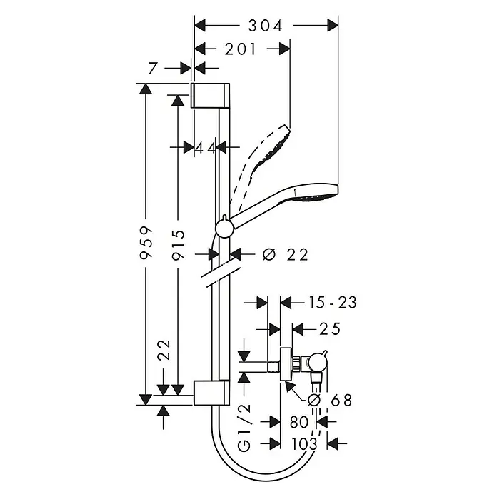 Hansgrohe Brause-Set Croma Select E Vario/Ecostat Comfort - Lochabstand: 91,5 cm, Chrom/Weiß - Maßzeichnung der Brausestange mit den Maßen 959 mm Höhe und 201 mm Ausladung.