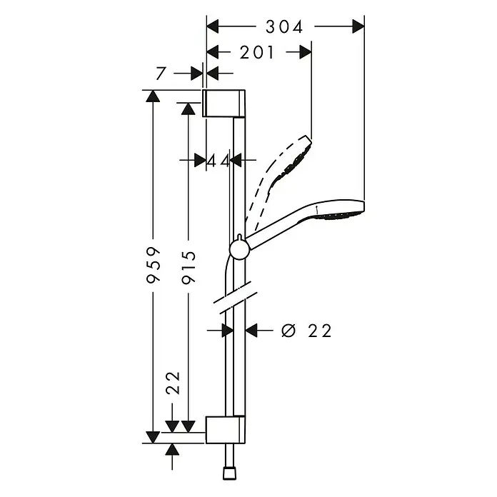 Hansgrohe Brausegarnitur Croma Select S Vario - Lochabstand: 91,5 cm, Art Strahl: Rain, IntenseRain, TurboRain, Chrom/Weiß - Produktbild einer Duschstange mit verschiedenen Maßangaben. Ideal für Badplanung und Installation, mit allen wichtigen Abmessungen.