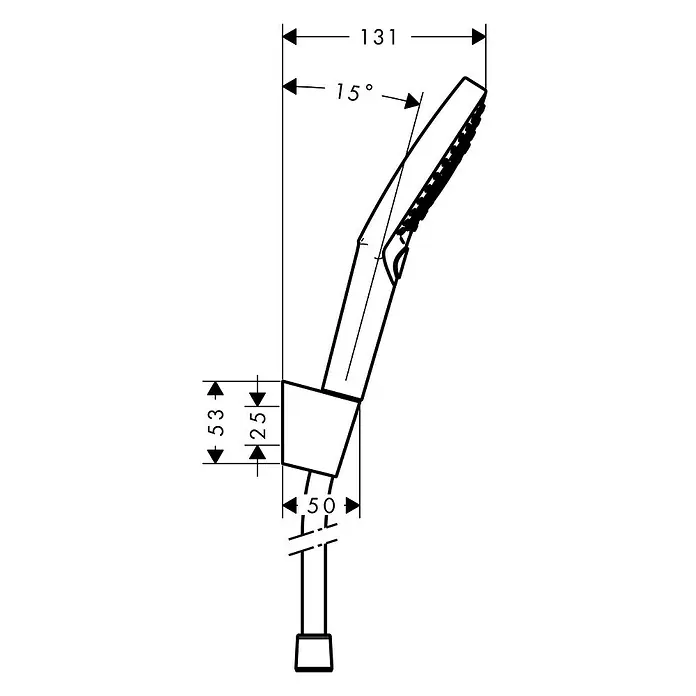 Hansgrohe Brause-Set Raindance Select S 120 - Anzahl Funktionen: 3 Stk., Durchmesser Handbrause: 12,5 cm, Chrom - Technische Zeichnung einer Duschbrause mit Maßangaben zu Länge und Winkel. Präzise Darstellung für Installation und Design.