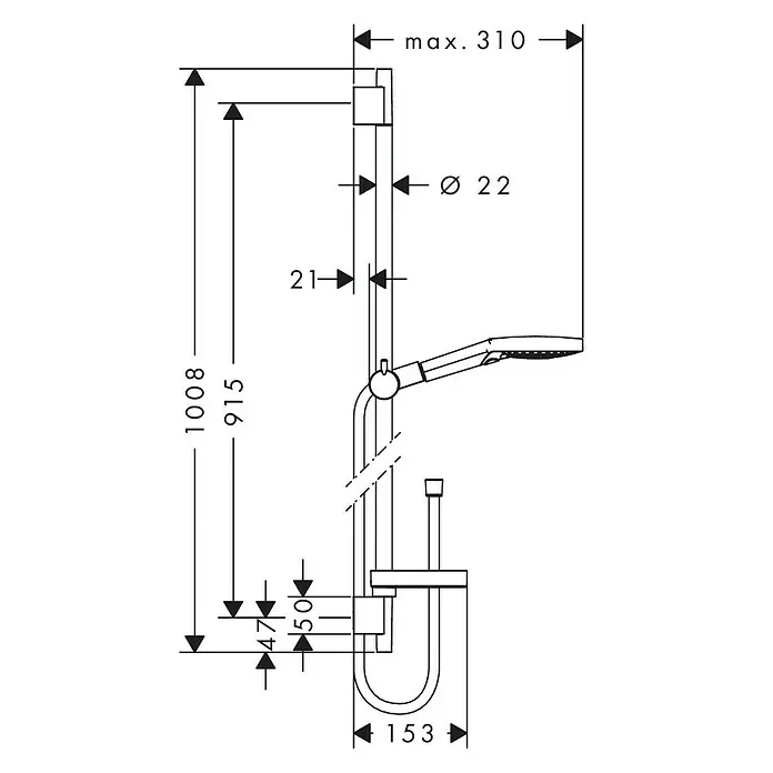 Hansgrohe Brausegarnitur Raindance Select S 120 - Lochabstand: 91,5 cm, Art Strahl: Rain, RainAir, Whirl, Chrom, Seifenschale - Eine Strichzeichnung einer Duschstange mit Maßangaben, die die Höhe (1008 mm) und Breite (max. 310 mm) hervorheben.