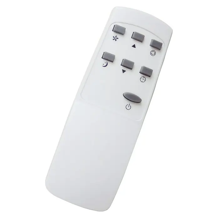 Voltomat Aire acondicionado portátil Boreas - 2.000 W, Tamaño de la estancia: 20 m², Blanco/Negro - Mando a distancia blanco con botones grises para diversas funciones, perfecto para controlar dispositivos electrónicos domésticos.