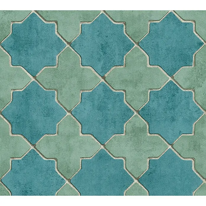 A.S. Création New Walls Vliestapete Stern Fliese - Türkis, Fliesenoptik, 10,05 x 0,53 m - Blau-grüne Bodenfliesen in einem orientalischen Muster. Das Mosaik besteht aus einem maurischen Sternmuster und ist sehr dekorativ.