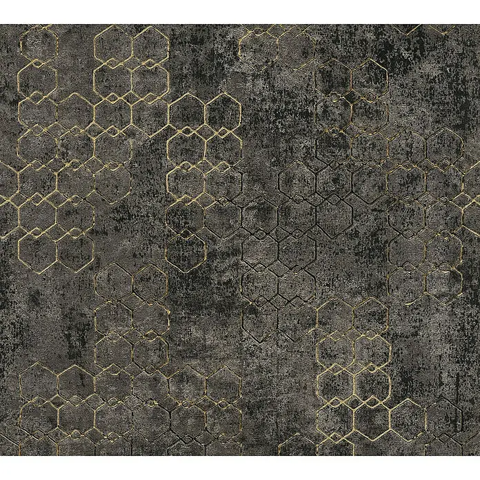 A.S. Création New Walls Vliestapete Grafik - Anthrazit/Gold, Grafisch, 10,05 x 0,53 m - Elegante Tapete mit dunklem Hintergrund und goldenen Hexagon-Mustern, die einen modernen und stilvollen Look verleihen.