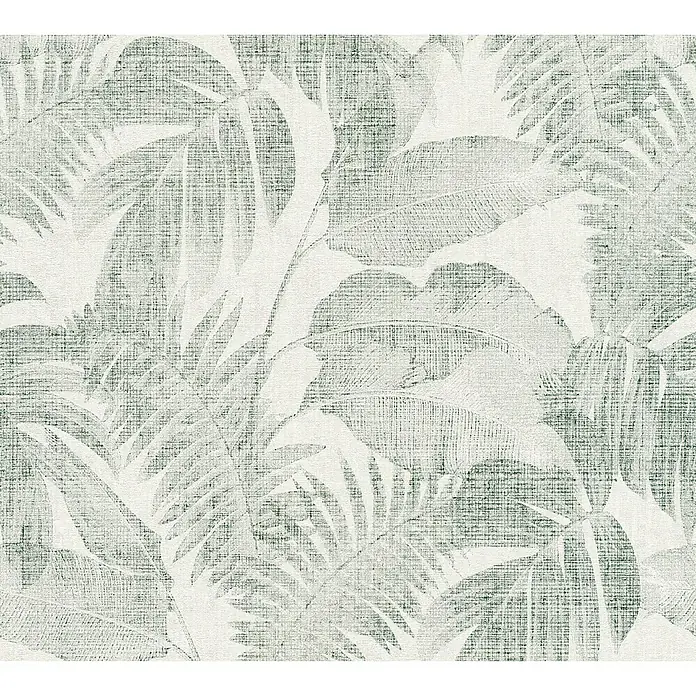 A.S. Création New Walls Vliestapete DschungelGrün/Weiß, Floral, 10,05 x 0,53 m - Detailaufnahme einer grünen Tapete mit tropischem Blätterdesign. Texturierte Oberfläche, ideal für moderne Innenräume.
