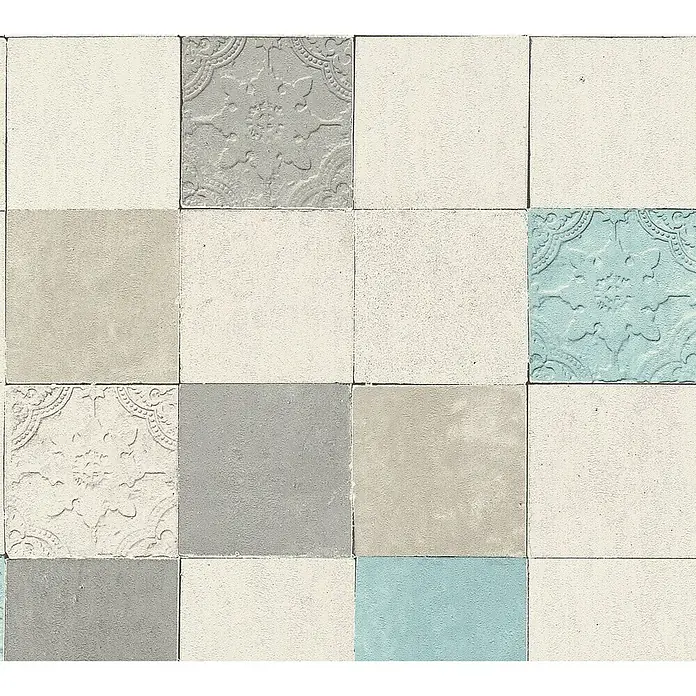 A.S. Création New Walls Vliestapete Fliese - Türkis, Fliesenoptik, 10,05 x 0,53 m - Muster von Keramikfliesen in verschiedenen Farben und Texturen, die ein einzigartiges und dekoratives Designelement für Innenräume bilden.