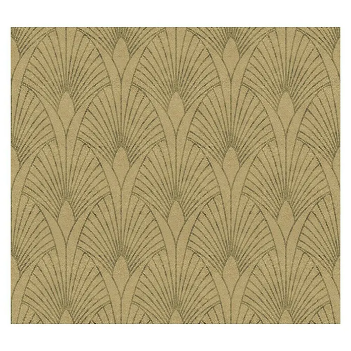 A.S. Création New Walls Vliestapete Art Deco - Gold, Grafisch, 10,05 x 0,53 m - Nahaufnahme der Art-Déco-Tapete mit fächerförmigem Muster in Goldtönen, die eine elegante und stilvolle Atmosphäre vermittelt.