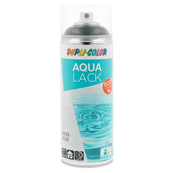 Dupli-Color Aqua Sprühlack Aqua Lack RAL 9005 - Tiefschwarz, Hochglänzend, 350 ml - Abbildung einer Dose Dupli-Color Aqua Lack Sprühfarbe. Diese Farbe ist wasserbasiert und umweltfreundlich, ideal für Spielzeug.
