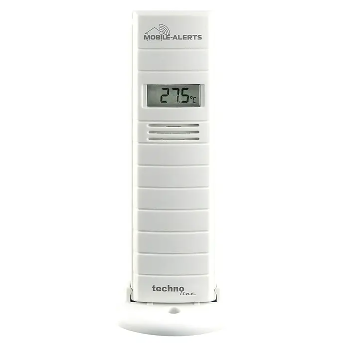 Mobile-Alerts Sensor MA10200 - Thermo-Hygro Sensor, Batteriebetrieben, Weiß, 2,1 x 3,8 x 12,8 cm - Weißes Thermo-Hygrometer von Techno Line mit LCD-Anzeige, die 27,5 Grad Celsius anzeigt, ideal für die Temperaturüberwachung.