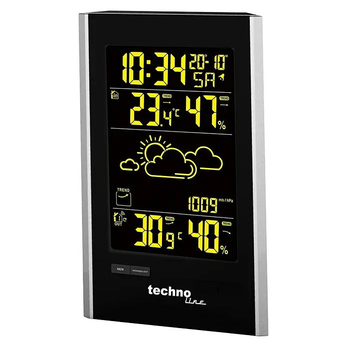Technoline Wetterstation WS9060 - Anzeige: LED, Netzbetrieben, Schwarz, 4,7 m x 11,3 cm x 18,6 mm - Das digitale Thermometer von Techno Line zeigt präzise Innen- und Außentemperaturen, Luftfeuchtigkeit und Wettervorhersage an.