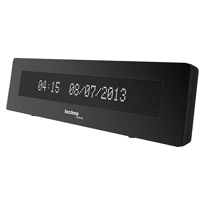 Technoline Quarzwecker WT 435 - Digitales Display, Netzbetrieben, Schwarz, 3,8 x 15,7 x 4,2 mm - Abbildung einer digitalen Technoline-Uhr, die Zeit und Datum anzeigt, mit schlankem, schwarzem Design und klarem Display.