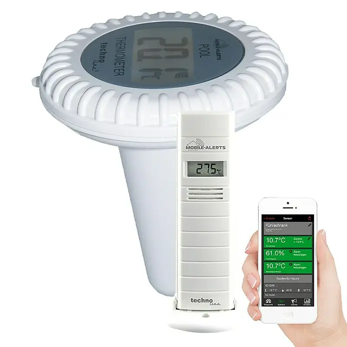 Mobile-Alerts Sensor MA10700 - 1 x Pool-Sensor, 1 x Außen-Sensor, 4 x Batterie, Bedienungsanleitung - Intelligentes Poolthermometer mit App-Anbindung. Das Thermometer misst die Temperatur und sendet die Daten an Ihr Smartphone.