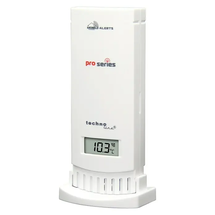 Mobile-Alerts Sensor MA10241 - Batteriebetrieben, Weiß, 2,4 x 4,5 x 11,7 cm - Das Bild zeigt eine Wetterstation von Techno Line Pro Series mit einer Temperaturanzeige von 10.3°C.