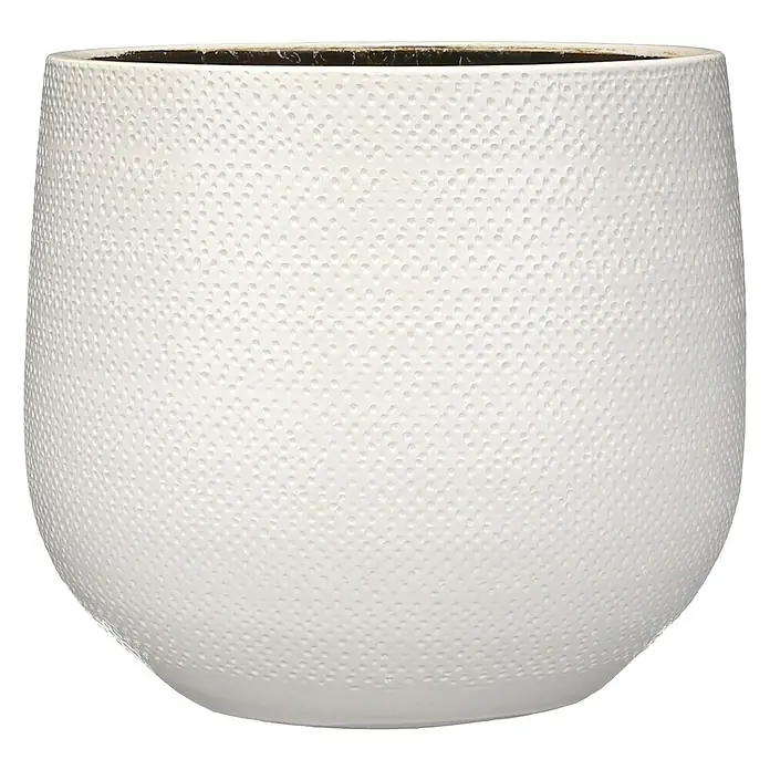 Mica Decorations Cubremaceta redondo Gabriel - Dimensiones externas (Ø x Al): 29 x 26 cm, Blanco, Cerámica - Primer plano de una jardinera blanca texturizada con un borde interior oscuro, perfecta para plantas de interior y detalles de jardín.