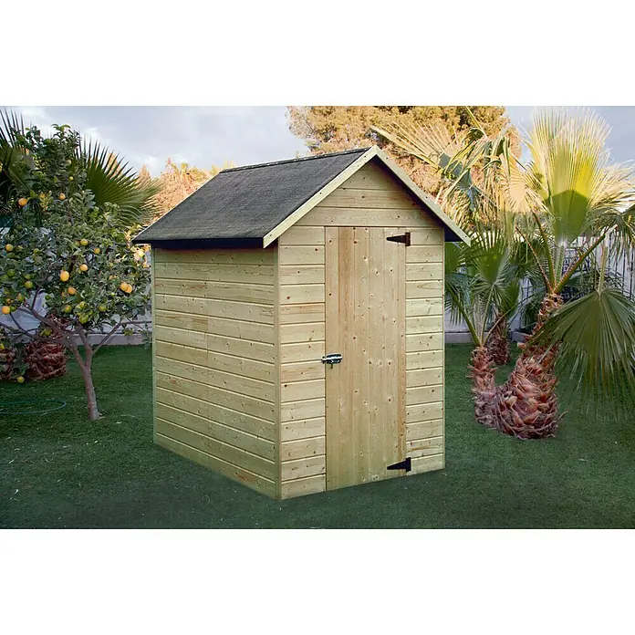 Décor et Jardin Gerätehaus Ambeal - Außenmaß inkl. Dachüberstand (B x T): 149 x 182 cm, Wandstärke: 12 mm, Natur - Ein hölzerner Gartenschuppen mit Satteldach und einer Tür steht im Garten. Er bietet Stauraum für Gartengeräte und -möbel.
