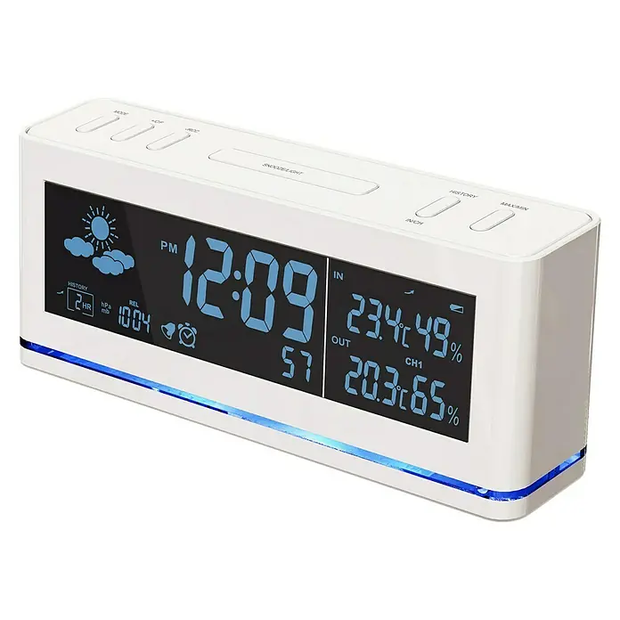 Technoline Funkwecker WS 6850 - Digitales Display, Netzbetrieben, Weiß, 5 x 23 x 8 cm - Weißer digitaler Wecker mit blauer Anzeige für Uhrzeit, Temperatur und Luftfeuchtigkeit.