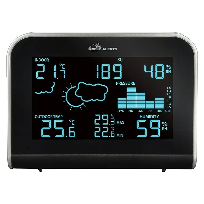 Mobile-Alerts Funkwetterstation MA10920 - Display, Batteriebetrieben, Schwarz, 3,2 x 14,7 x 11,5 cm - Ein Wetterstation-Display zeigt Innen- und Außentemperatur, Luftfeuchtigkeit und Luftdruck an.