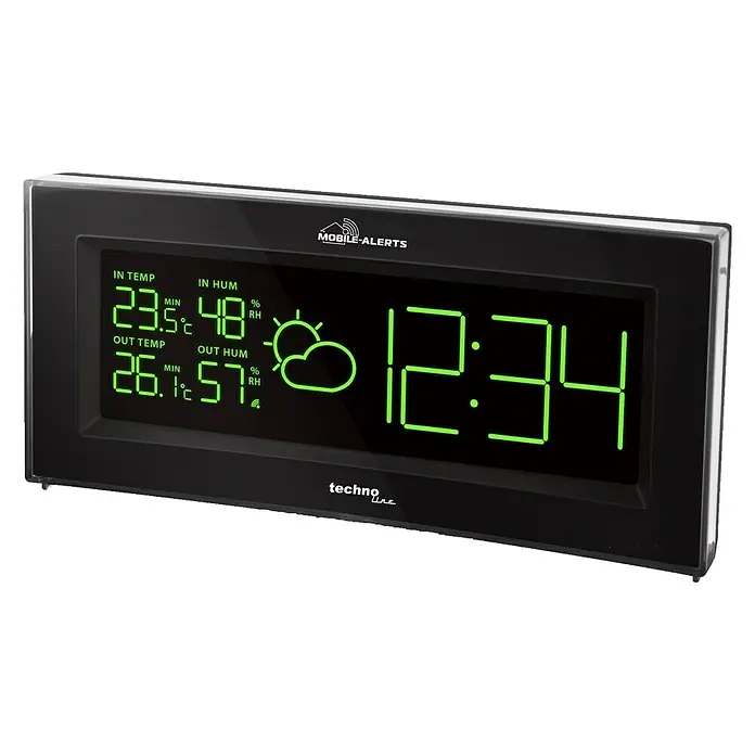 Mobile-Alerts Funkwetterstation MA10901 - Display, Netzbetrieben, Schwarz, 3,5 x 20 x 8,9 cm - Das digitale Thermometer von Techno Line zeigt Innen- und Außentemperatur, Luftfeuchtigkeit und die Uhrzeit an.