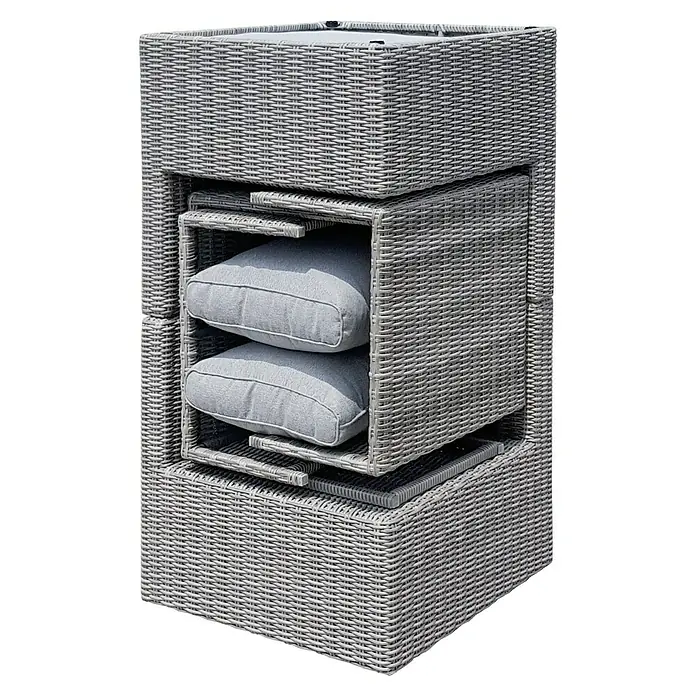 Conjunto de muebles Delma - 5 pzs., Ratán sintético, Gris - Mesa auxiliar de exterior de mimbre con estantes extraíbles y cojines para mayor comodidad y almacenamiento.