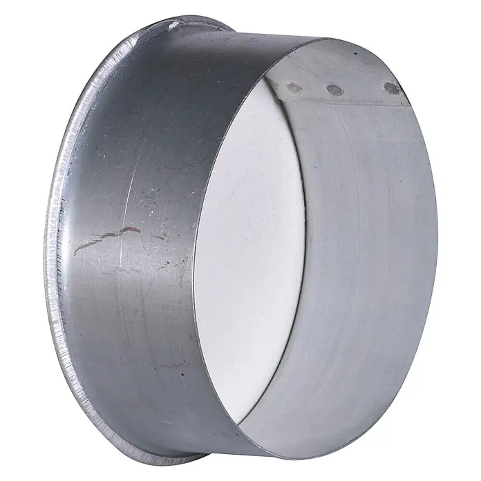 Firefix Ofen-Kapsel - Durchmesser: 120 mm, Feueraluminiert, Silbergrau - Nahaufnahme eines silberfarbenen Metallrohrverbinders, der in der Sanitärinstallation verwendet wird. Geeignet für die Verbindung von Lüftungsrohren.