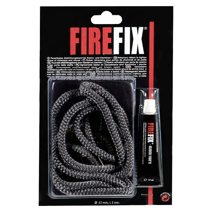 Firefix Ofendichtschnur - Ø x L: 12 mm x 2 m - Feuerfester FIREFIX Dichtungsband-Set zum Abdichten von Kamin- und Ofentüren, inklusive Spezialkleber für eine einfache Montage.