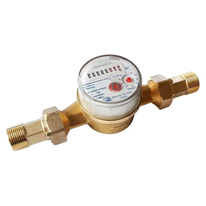 Wohnungswasserzähler Kalt - Größe Anschluss: ¾″, Nenndurchfluss Qn: 4 m³/h, Einbautiefe: 130 mm - Nahaufnahme eines präzisen Wasserzählers aus Messing, der die Durchflussmenge zuverlässig misst.