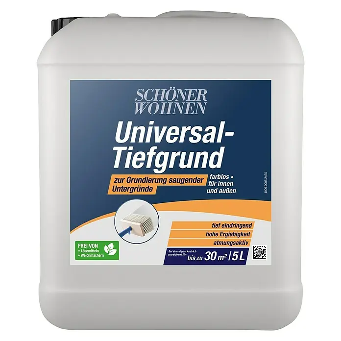 SCHÖNER WOHNEN-Farbe Tiefengrund - 5 l - Abbildung eines Kanisters Schönner Wohnen Universal-Tiefgrund, farblos, für saugende Untergründe, mit hoher Ergiebigkeit und Atmungsaktivität.