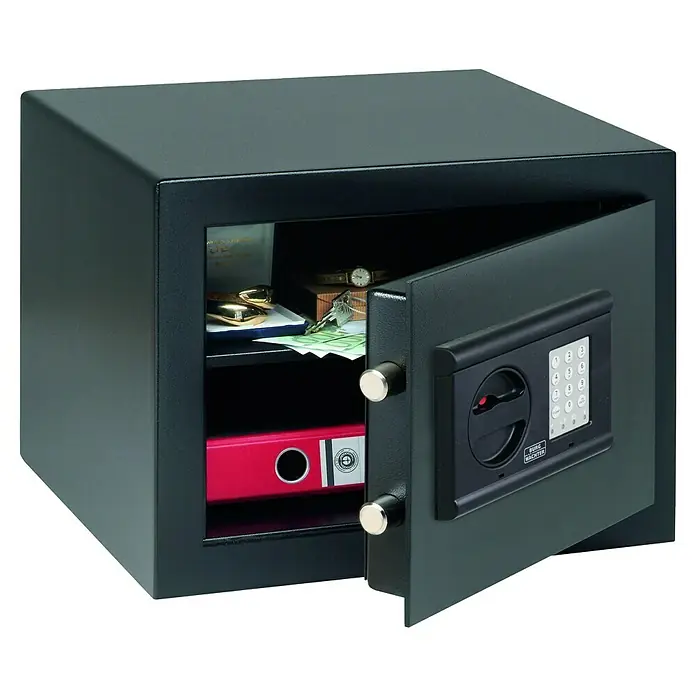 Burg-Wächter Sicherheitsschrank Classic-Safe 1 E - Elektronisches Zahlenschloss, L x B x H: 376 x 402 x 278 mm, Schwarz - Ein offener Tresor mit Schmuck, Geld und einer roten Mappe im Inneren. Der Tresor verfügt über ein elektronisches Zahlenschloss.