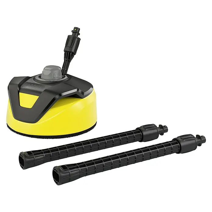 Kärcher Flächenreiniger T5 T-Racer - Passend für: Kärcher Hochdruckreiniger K2 - K7 - Abgebildet ist ein Kärcher Flächenreiniger mit zwei Verlängerungsrohren, ideal für die effiziente Reinigung von Außenbereichen.