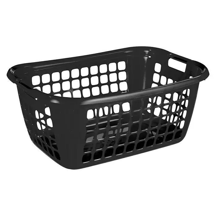 Sunware Wäschekorb Basic - L x B x H: 65 x 45 x 27 cm, Schwarz - Hier ist ein Foto von einem schwarzen Wäschekorb aus Kunststoff mit quadratischen Löchern zur Belüftung und zwei Griffen.