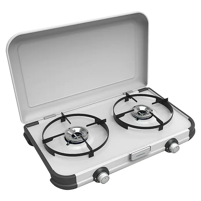 Campingaz Placa de gas Kitchen 2 - 2 quemadores, 2.000 W, L x An x Al: 35 x 49 x 10 cm - Cocina portátil de camping con dos quemadores y tapa. Ideal para cocinar comidas en movimiento. Diseño compacto para fácil transporte.