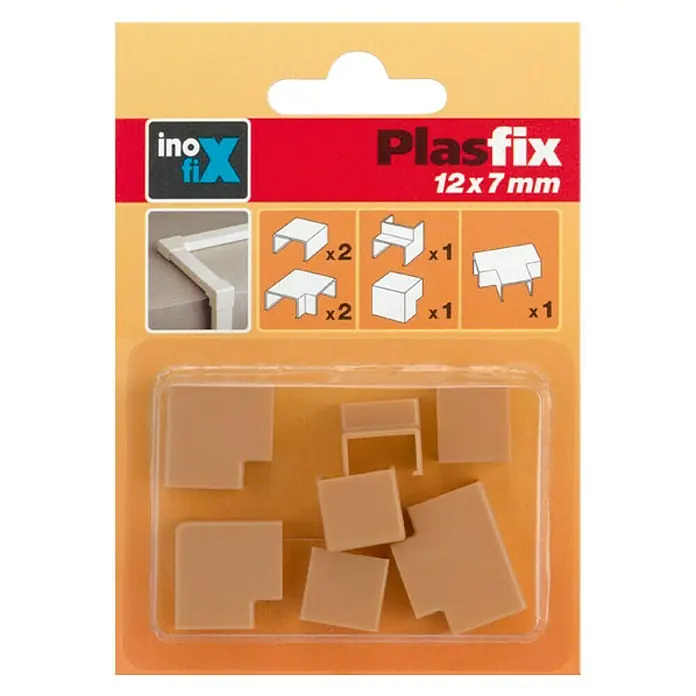 Inofix Plasfix Kit de accesorios para canaleta - Roble, An x Al: 1,2 x 0,7 cm, 7 ud. - Imagen de un kit de montaje de conductos de cables Plastifix que presenta varias formas y tamaños, ideal para una instalación ordenada en casa.