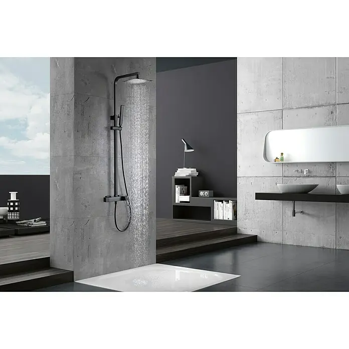 Imex Suecia Sistema de ducha - Con grifo monomando, Negro - Baño moderno con una elegante grifería de ducha negra con un gran cabezal que rocía agua. Diseño elegante para una experiencia de baño.