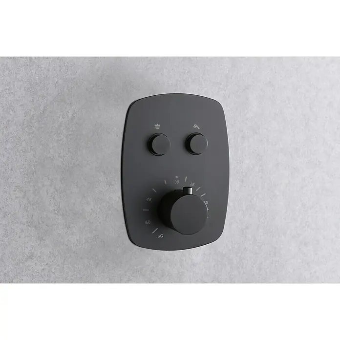 Imex Sistema de ducha empotrado Hidra - Con grifo termostático, Negro - Termostato de ducha negro con control de temperatura y dos perillas para controlar las salidas de agua para un baño moderno.