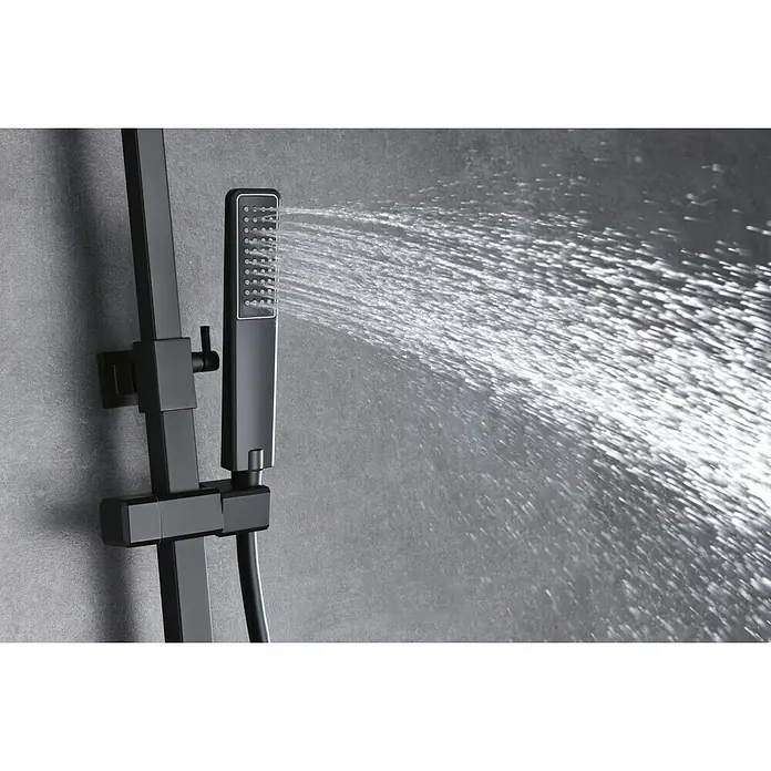 Imex Suecia Sistema de ducha - Con grifo monomando, Negro - Grifo de ducha negro con función de rociado sobre un fondo gris. Diseño elegante para baños modernos.