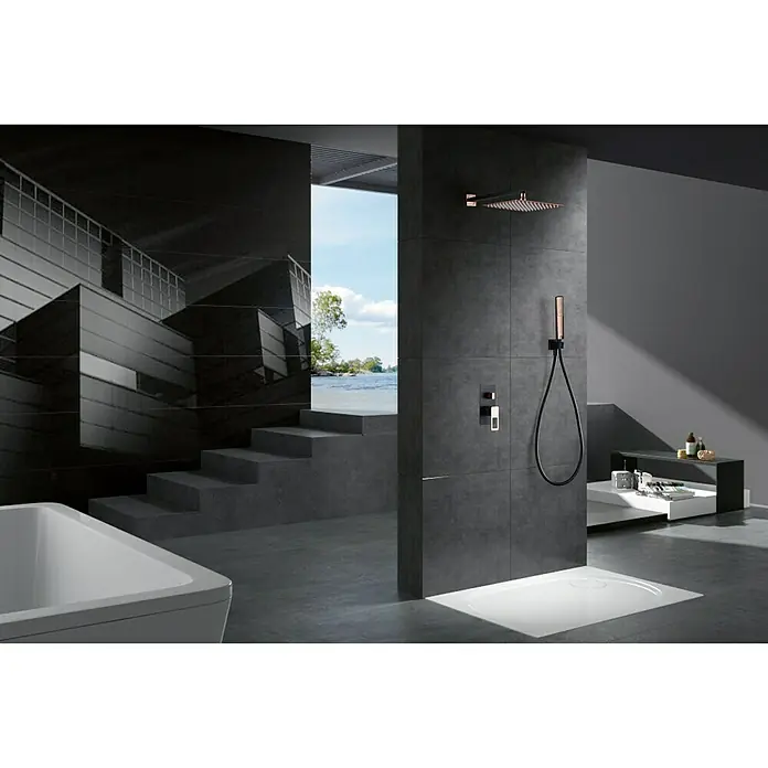 Imex Suecia Sistema de ducha empotrado - Con grifo monomando, Negro/Oro rosa - Moderna ducha con rociador negro y teleducha con detalles en oro rosa en un elegante baño.