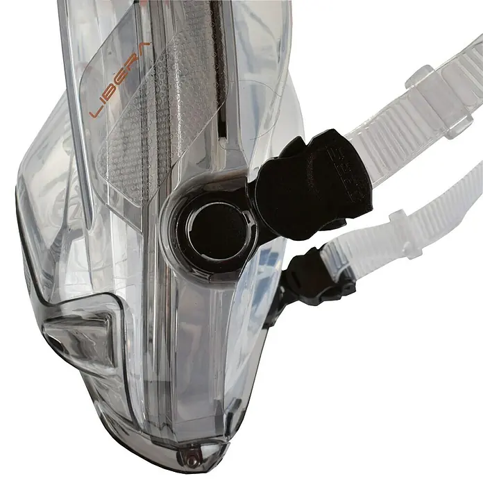 Seac Sub Máscara de Snorkel Libera - L/XL, Plástico, Negro/lima - Primer plano de una máscara de snorkel LIBERA transparente con hebillas negras y correas transparentes sobre un fondo negro.