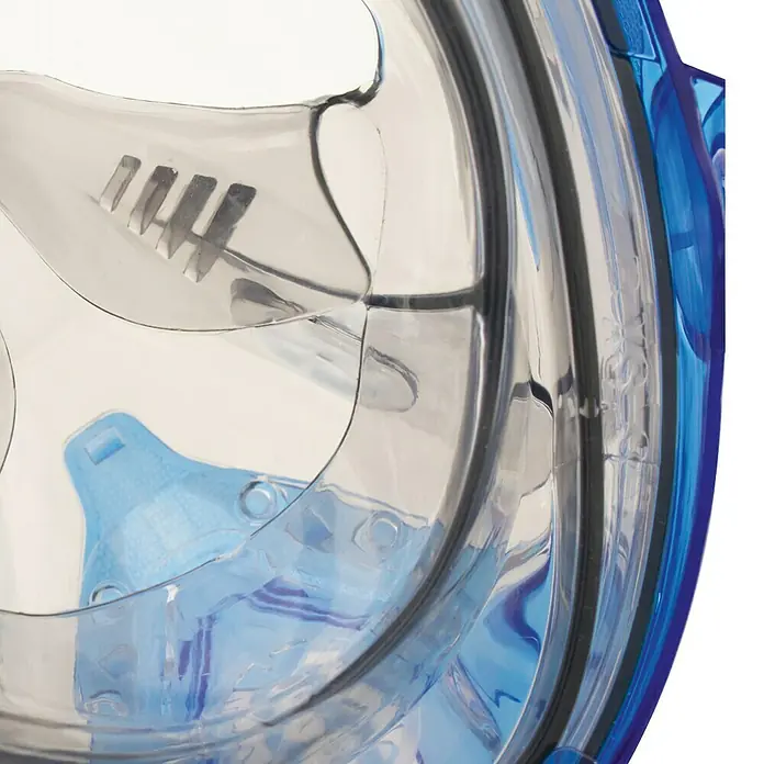 Seac Sub Máscara de Snorkel Fun Junior - XS/S, Plástico, Azul/Naranja - Primer plano de una máscara de snorkel facial completa azul con visera transparente y sistema de ventilación para una respiración bajo el agua.