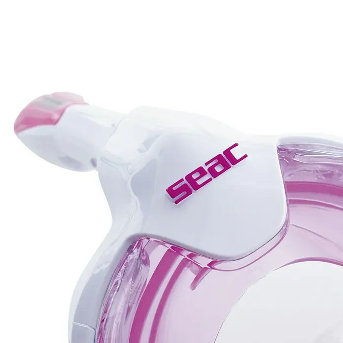 Seac Sub Máscara de Snorkel Fun Junior - XS/S, Plástico, Rosa - Primer plano de una máscara de buceo SEAC blanca y rosa diseñada para una visión subacuática clara.