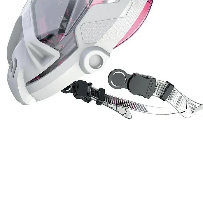 Seac Sub Máscara de Snorkel Fun Junior - XS/S, Plástico, Rosa - Un primer plano de una máscara de snorkel con correa transparente y hebillas negras, diseñada para una clara visión submarina.