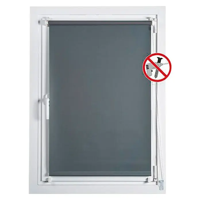 Estor enrollable Clip&Fix Opaco - An x Al: 45 x 180 cm, Grafito - Persiana enrollable gris en marco de ventana blanco con cadena y un símbolo rojo que indica la instalación sin taladro, ideal para oscurecer y privacidad.