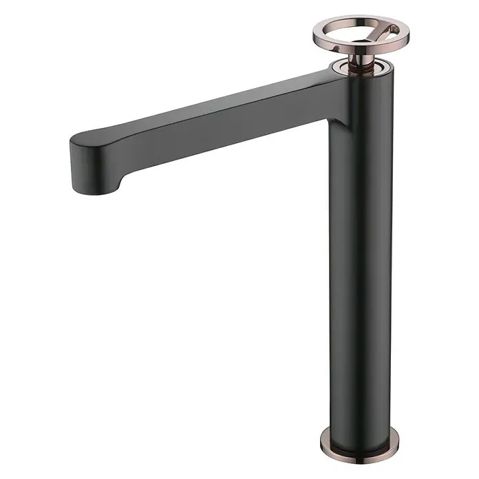 Imex Olimpo Grifo de lavabo alto - Negro/Oro rosa - Elegante grifo de lavabo negro con detalles en oro rosa. El grifo destaca por su diseño moderno y minimalista y su acabado de alta calidad.